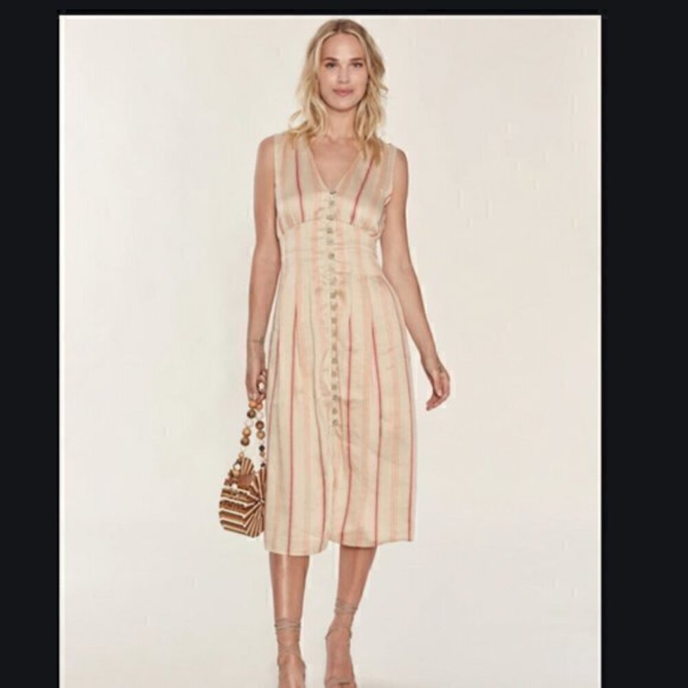 Joie Valari Beige Striped Sleeveless Linen Dress